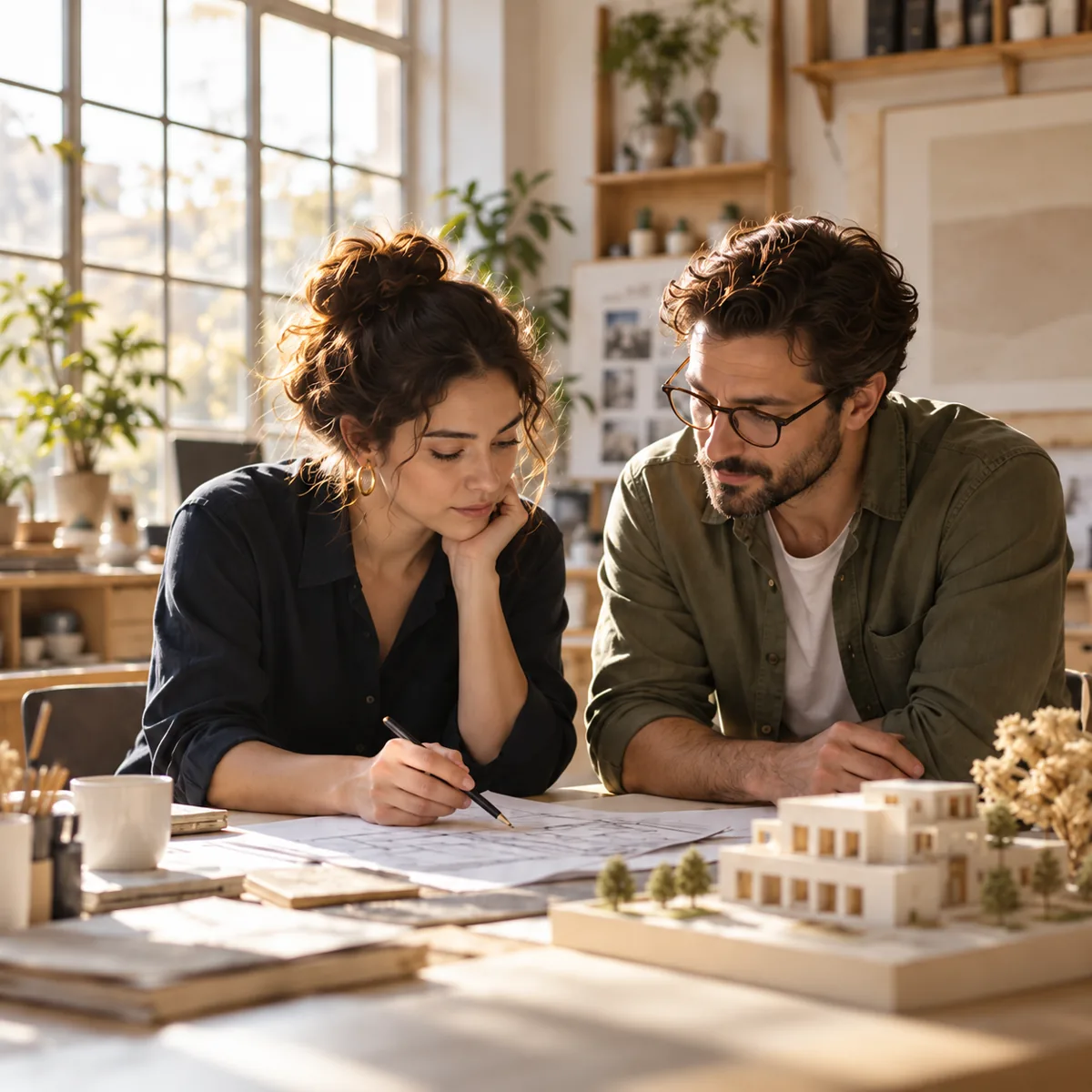 Two business owners reviewing plans together in a sunlit studio