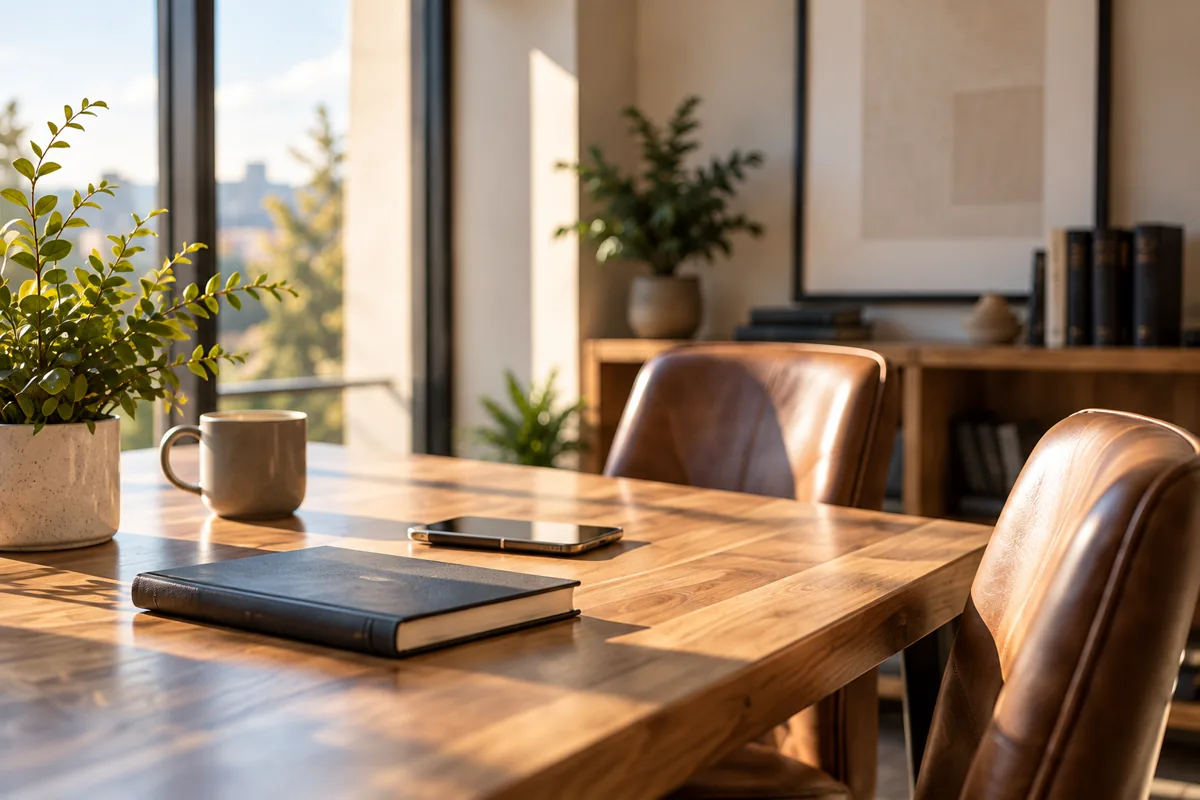 A welcoming sunlit table with chairs, a notebook, and plants