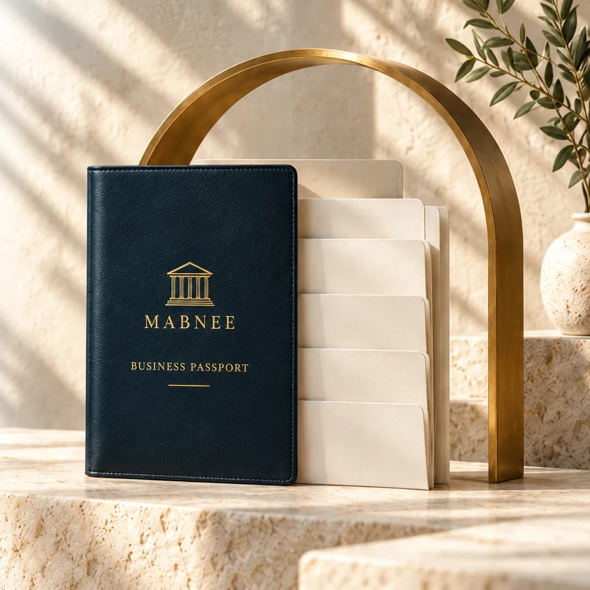 A Mabnee Business Passport and document sleeves beneath a gold arch